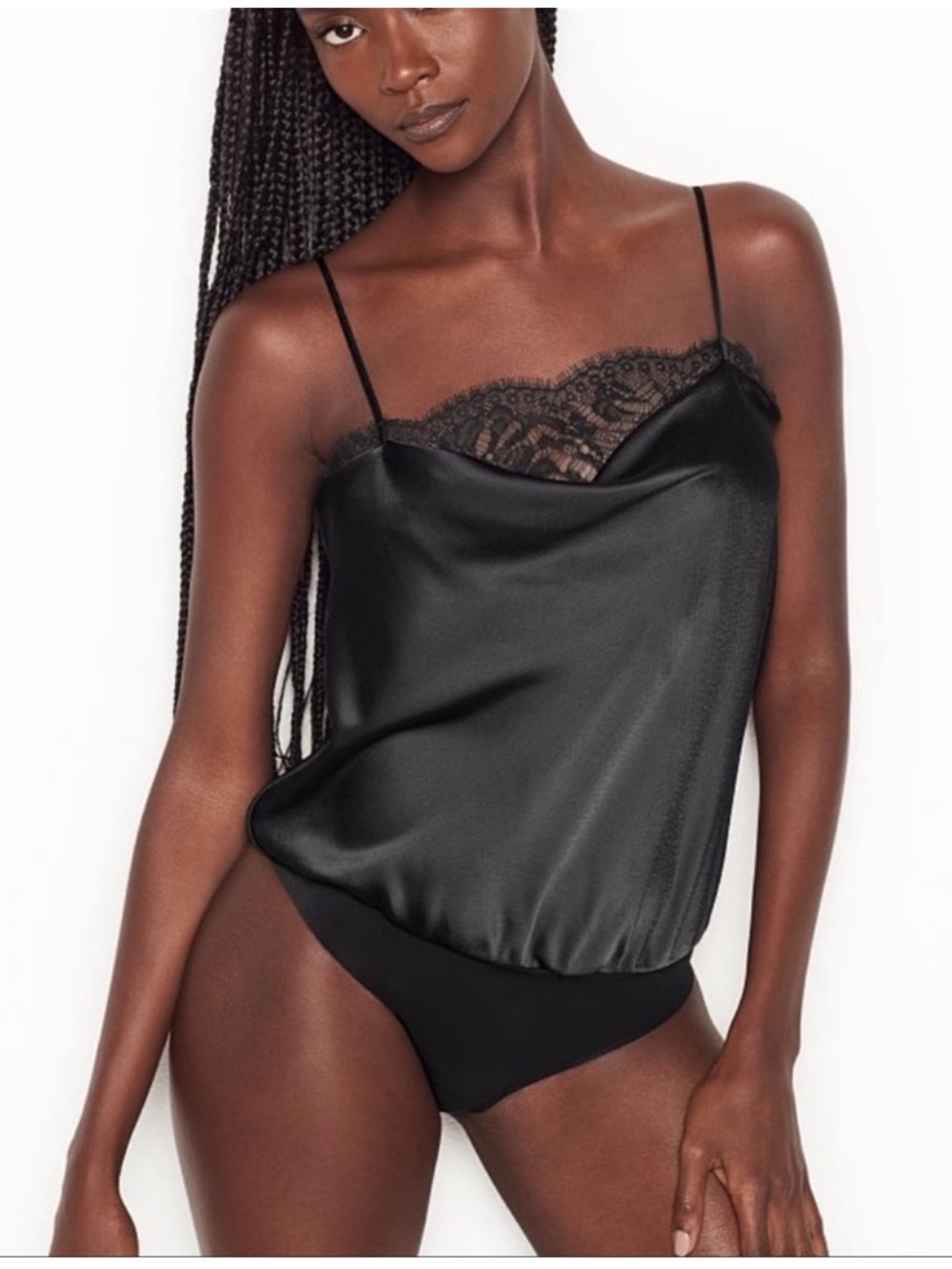 Victoria's Secret Black Faux Silk Lace-Trim Thong Bodysuit